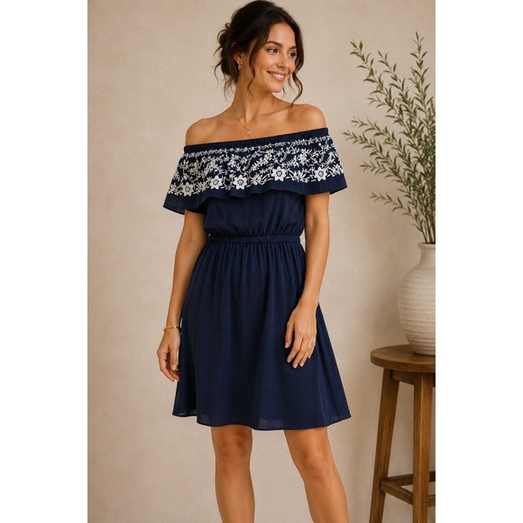 Lucky Brand Dresses & Skirts - Lucky Brand Small Navy Blue Boho Embroidered Off Shoulder Coquette Mini Dress